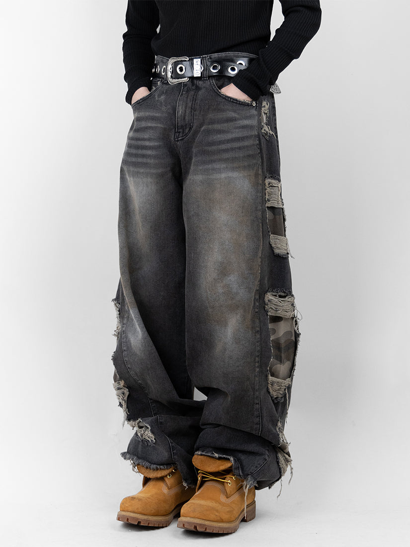 Camo Layered Vintage Wide Denim Pants