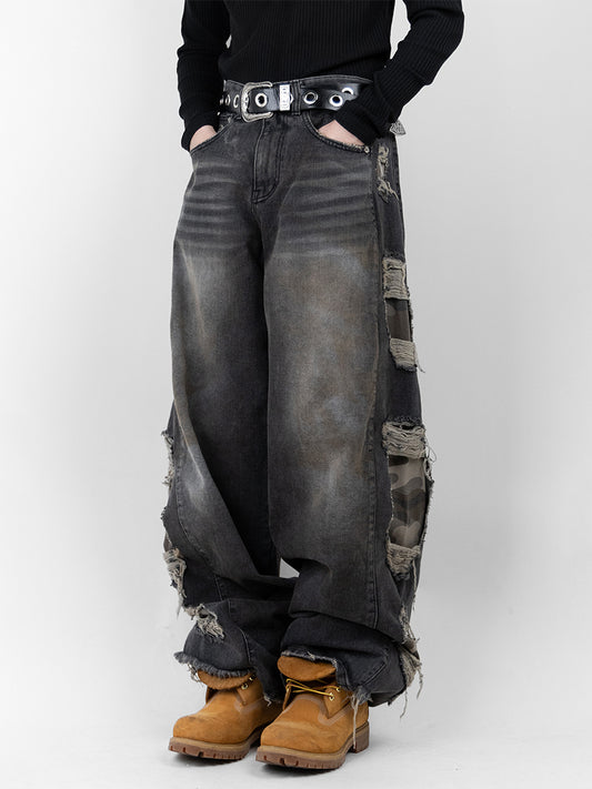 Camo Layered Vintage Wide Denim Pants