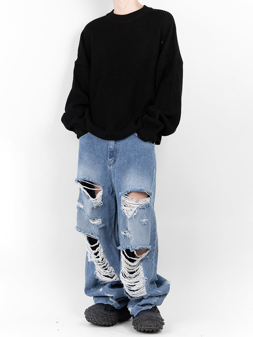 Destroyed Blue Wide Denim Pants 