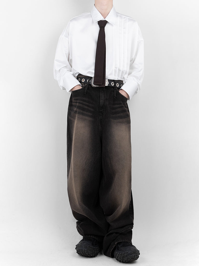 Double Belt Washed Wide Denim 