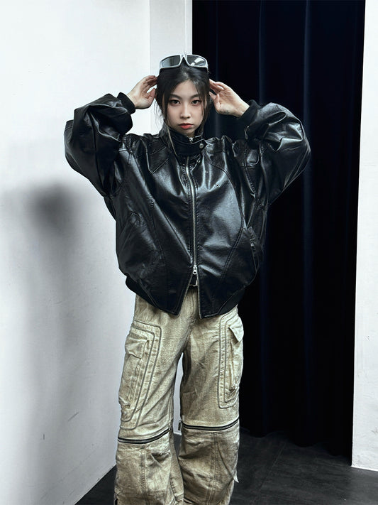 Overfit Eyelet Eco Leather Jacket 