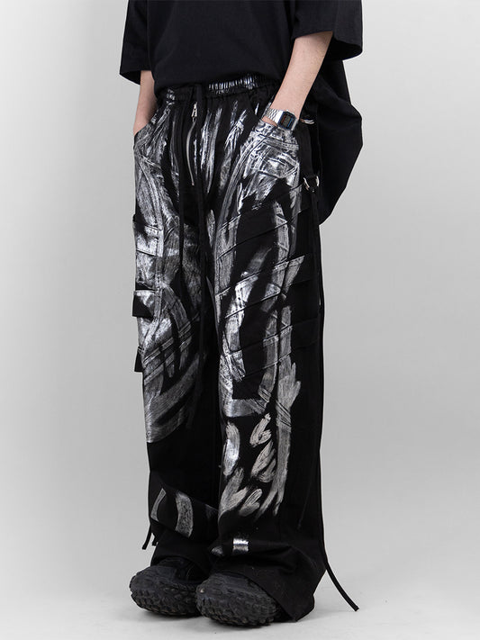 Brushed Silver Ribbon Drawstring Wide Pants