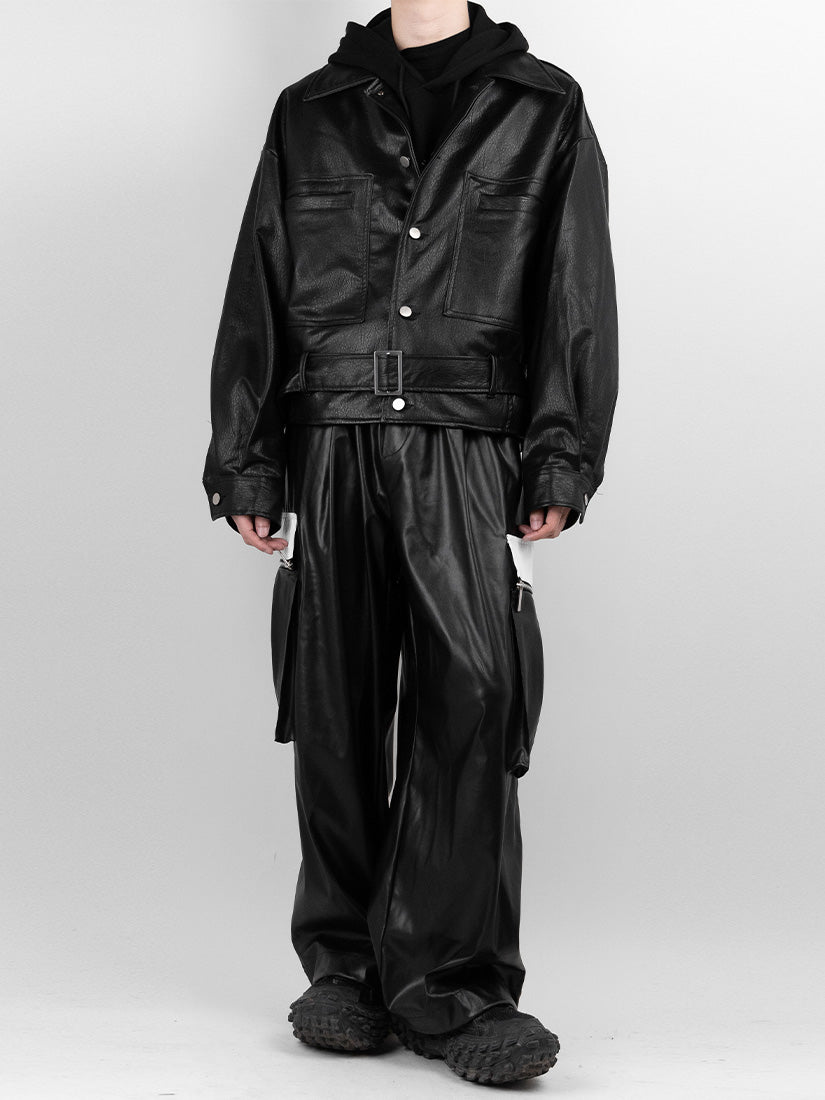 Black and white leather elastic pants 