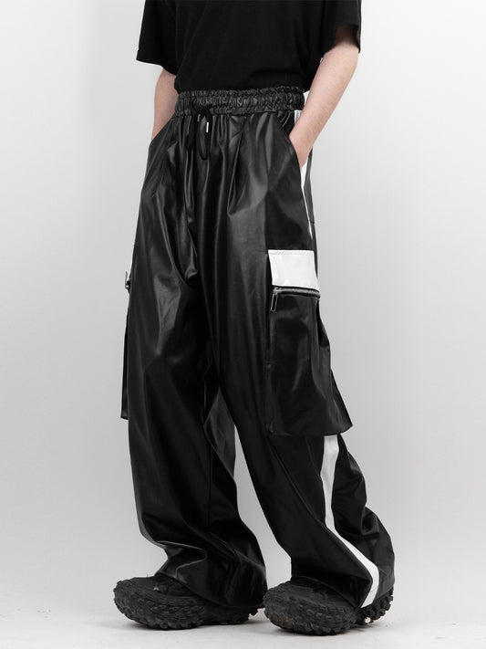 Black and white leather elastic pants 