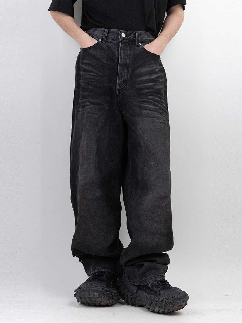 Dirty Oil Cat Brush Washed Denim Pants