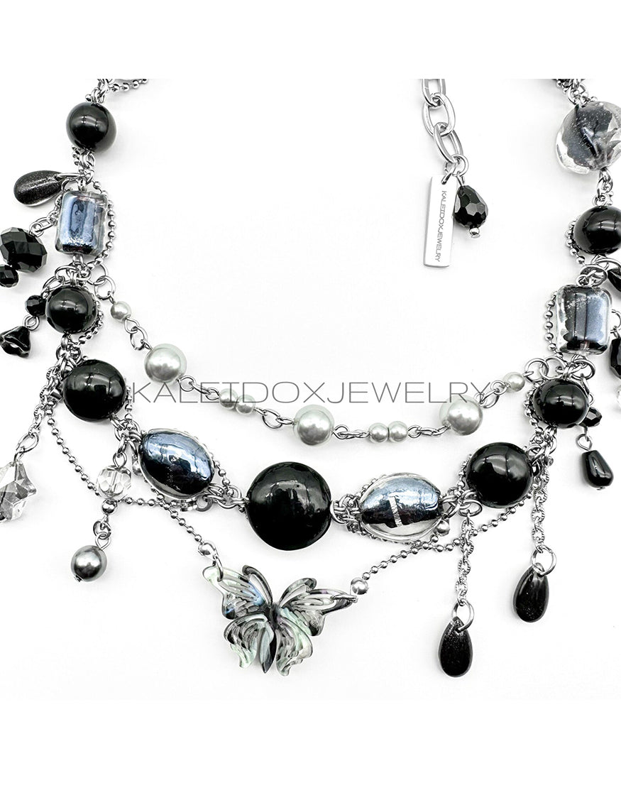 Butterfly Pendant Black Beads Necklace