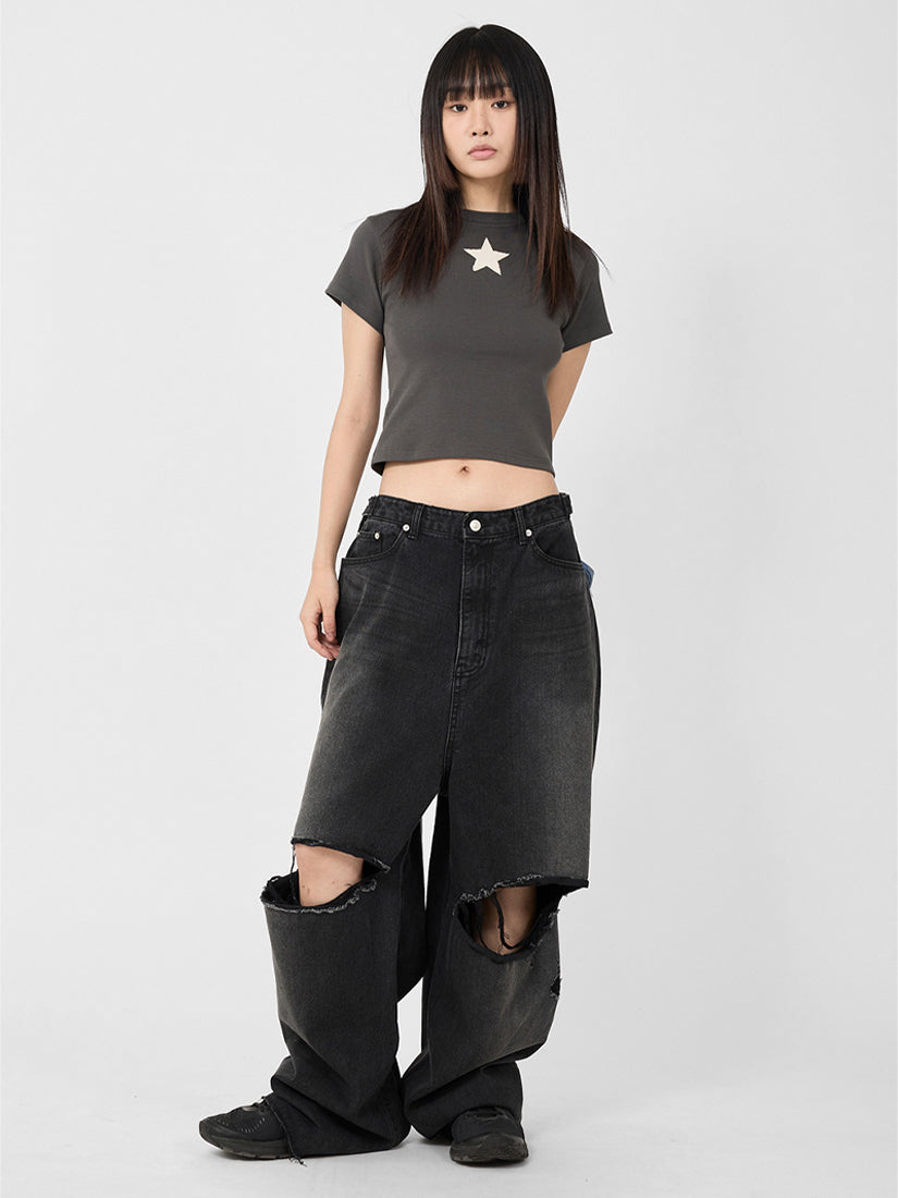 Black Skater Destroyed Wide Denim Pants