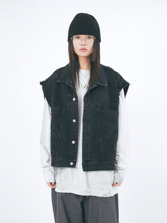 Cutting Crack Damage Over Denim Vest 