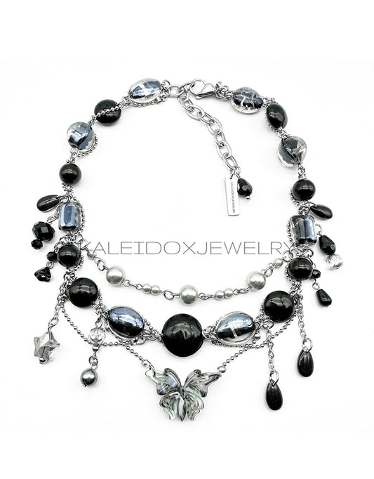 Butterfly Pendant Black Beads Necklace