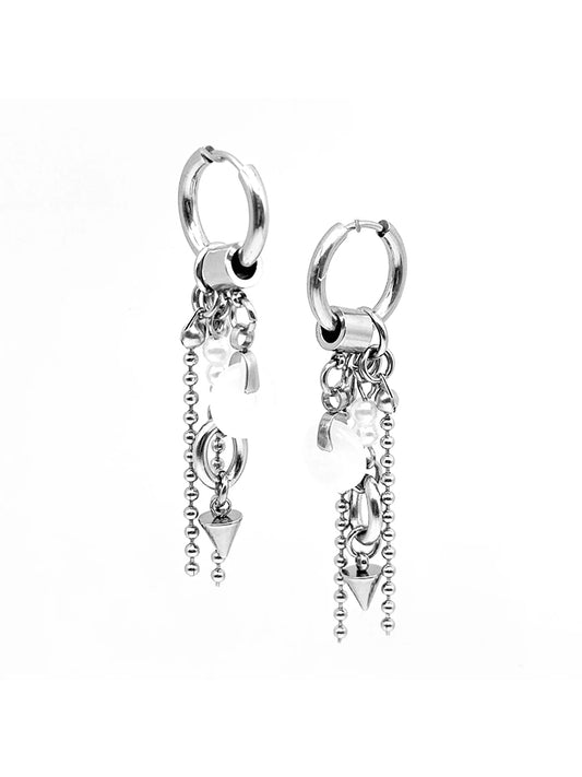 White ring pendant double ball chain spikes earrings